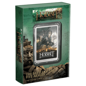 THE HOBBIT™ – The Battle of the Five Armies 1oz Silver Coin Featuring Book-style Packaging with Coin Insert and Certificate of Authenticity Sticker and Coin Specs.