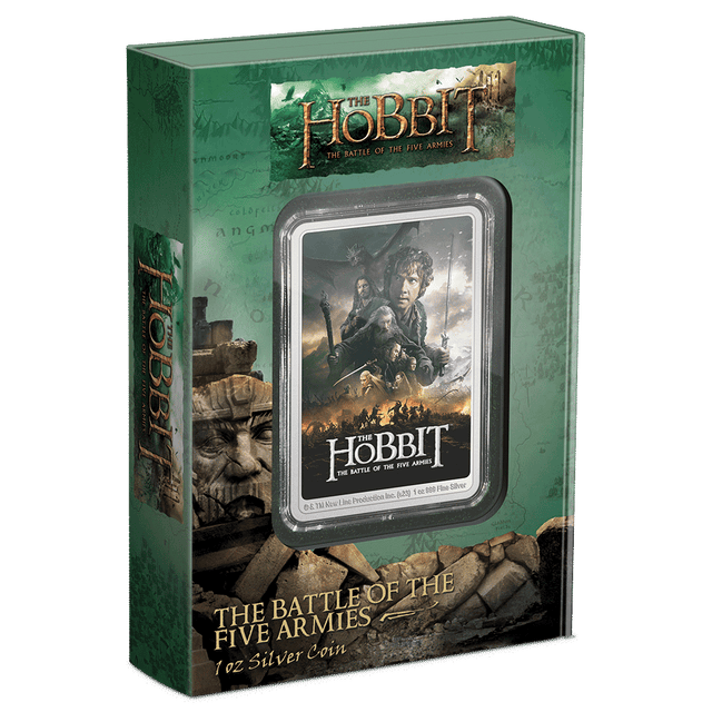 THE HOBBIT™ – The Battle of the Five Armies 1oz Silver Coin Featuring Book-style Packaging with Coin Insert and Certificate of Authenticity Sticker and Coin Specs.
