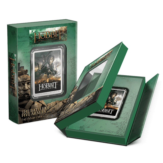 THE HOBBIT™ – The Battle of the Five Armies 1oz Silver Coin Featuring Custom Book-Style Packaging with Printed Coin Specifications. 