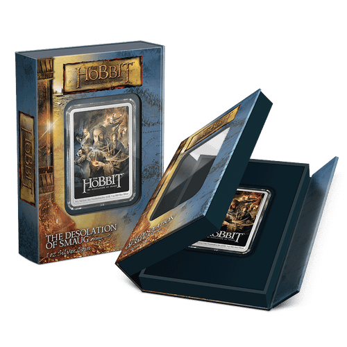 THE HOBBIT™ – The Desolation of Smaug 1oz Silver Coin Featuring Custom Book-Style Packaging and Specifications. 