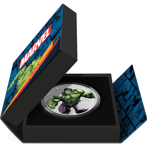 Marvel – Hulk 1oz Silver Coin Featuring  Book-style Packaging with Coin Insert and Certificate of Authenticity Sticker.