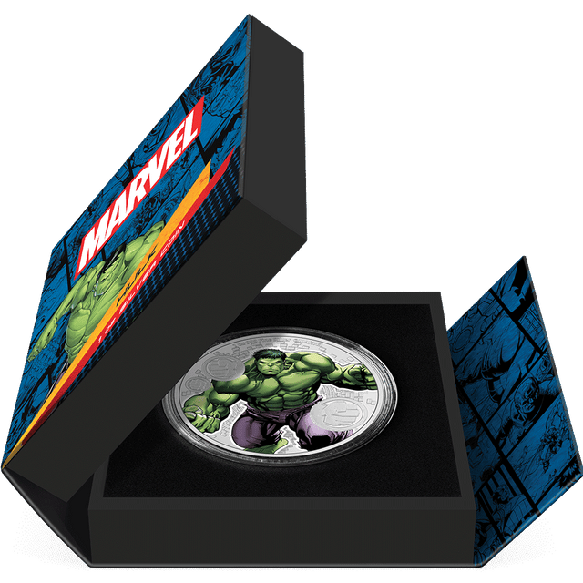 Marvel – Hulk 1oz Silver Coin Featuring  Book-style Packaging with Coin Insert and Certificate of Authenticity Sticker.