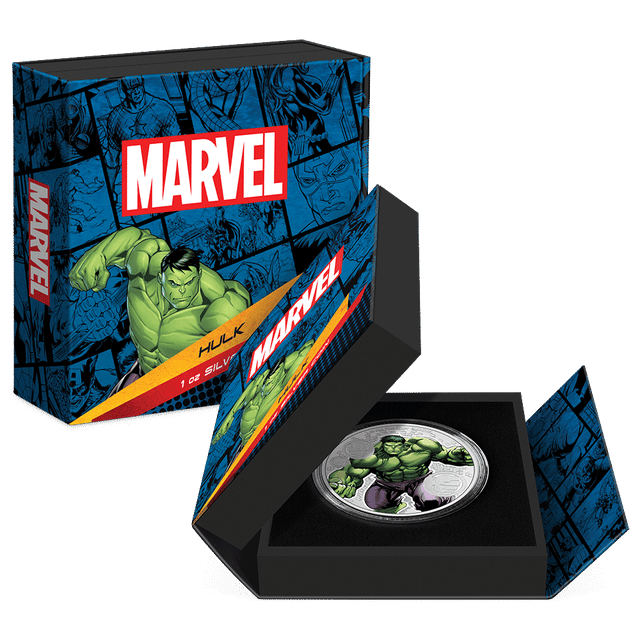 Marvel – Hulk 1oz Silver Coin Featuring with Custom Book-Style Packaging and Specifications. 
