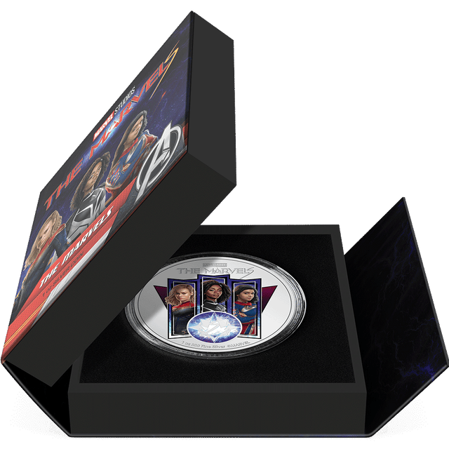 Marvel – The Marvels 1oz Silver Coin Featuring Book-style Packaging with Coin Insert and Certificate of Authenticity Sticker and Coin Specs.