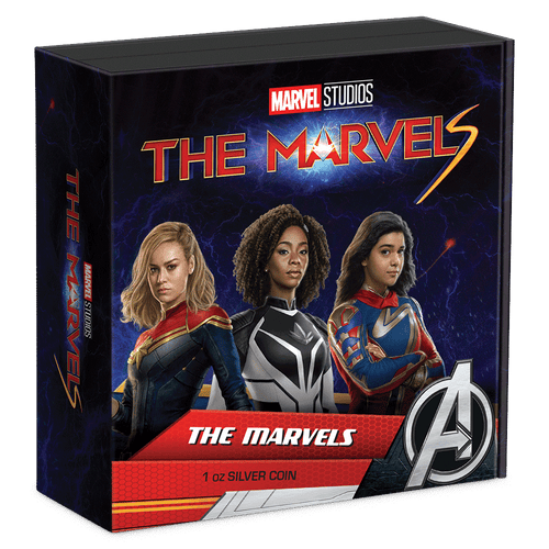 Marvel – The Marvels 1oz Silver Coin Featuring Custom Book-style Display Box With Brand Imagery.