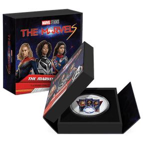 Marvel – The Marvels 1oz Silver Coin Featuring Custom Book-Style Packaging with Printed Coin Specifications. 