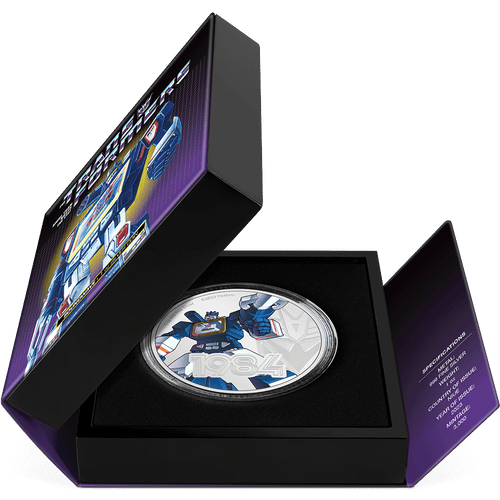 Transformers – Soundwave 1oz Silver Coin Featuring Book-style Packaging with Coin Insert and Certificate of Authenticity Sticker and Coin Specs.