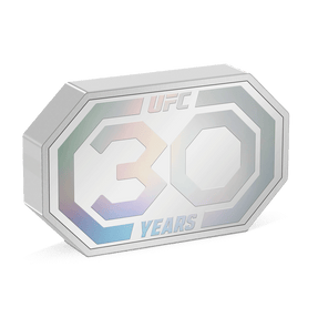 Champion 30 years of legendary moments with this incredible 1oz pure silver coin! Shaped like an octagon to display the UFC Event Canvas. The 30th-anniversary logo is highlighted in a stunning rainbow effect to further mark the special milestone. - New Zealand Mint