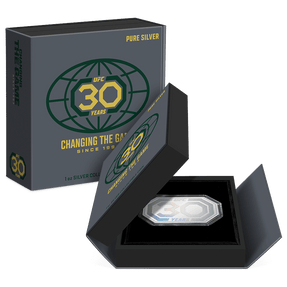 UFC® 30th Anniversary 1oz Silver Coin Featuring Custom Book-Style Packaging with Printed Coin Specifications. 