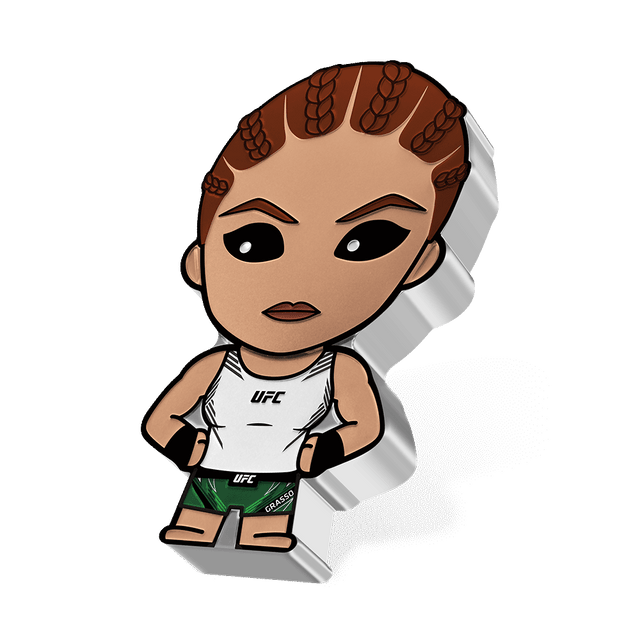 UFC® – Alexa Grasso 1oz Silver Chibi® Coin in Green 'Grasso' Shorts with White UFC Singlet with Her Hands on Her Hips and Braided Hair.