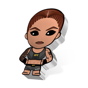 UFC® – Amanda Nunes 1oz Silver Chibi® Coin in Her Grey Crop Top and Matching Shorts with UFC Branding. Her Hair in Two Simple Braids and Her Hands on Her Hips.
