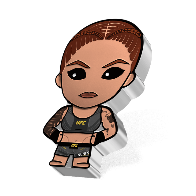 UFC® – Amanda Nunes 1oz Silver Chibi® Coin in Her Grey Crop Top and Matching Shorts with UFC Branding. Her Hair in Two Simple Braids and Her Hands on Her Hips.
