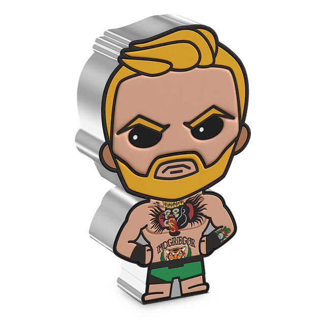 The Notorious looks ready to enter the Octagon for another victory knockout on this Chibi® Coin! Coloured and shaped Chibi® Coin features a stylised version of “The Notorious” Conor McGregor and his iconic tattoos. - New Zealand Mint