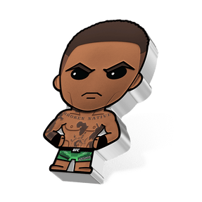 UFC® – Israel Adesanya 1oz Silver Chibi® Coin in His Green Shorts with UFC Branding and 'Adesanya' and Distinctive 'Broken Native', Africa and Avatar: The Last Airbender-inspired Tattoos. His Hands are on His Hips.