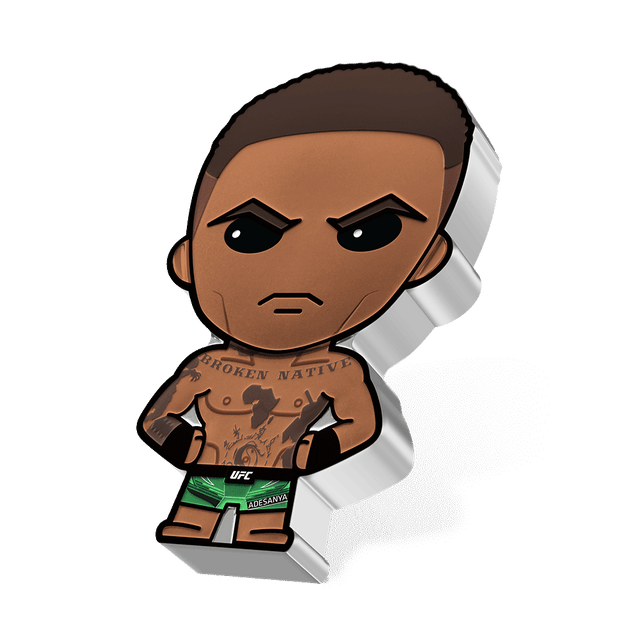 UFC® – Israel Adesanya 1oz Silver Chibi® Coin in His Green Shorts with UFC Branding and 'Adesanya' and Distinctive 'Broken Native', Africa and Avatar: The Last Airbender-inspired Tattoos. His Hands are on His Hips.