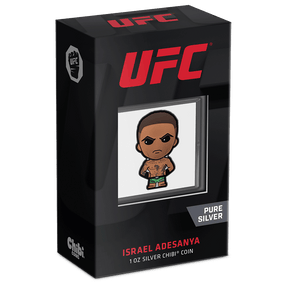 UFC® – Israel Adesanya 1oz Silver Chibi® Coin Featuring Custom Packaging with Display Window and Certificate of Authenticity Sticker.