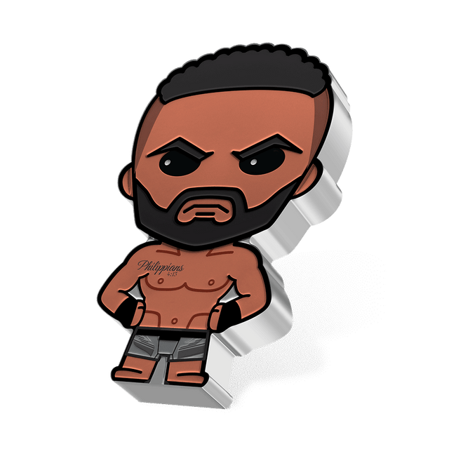 UFC® – Bearded Jon Jones 1oz Silver Chibi® Coin in His Grey Shorts and 'Philippians 4:13' Tattoo That Means: “I can do all things through Christ who strengthens me.” His hands are on His Hips.