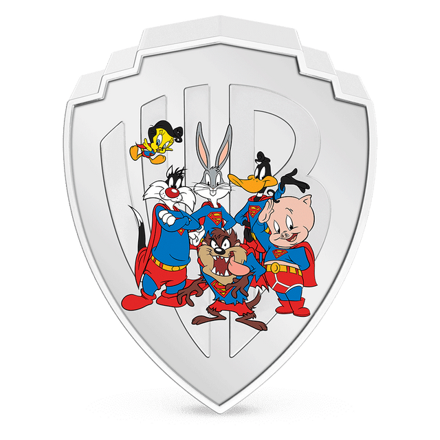 WB100 Looney Tunes Mashups – Superman 2oz Silver Coin Flat View.