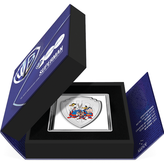 WB100 Looney Tunes Mashups – Superman 2oz Silver Coin Featuring Book-style Packaging With Custom Velvet Insert to House the Coin. 