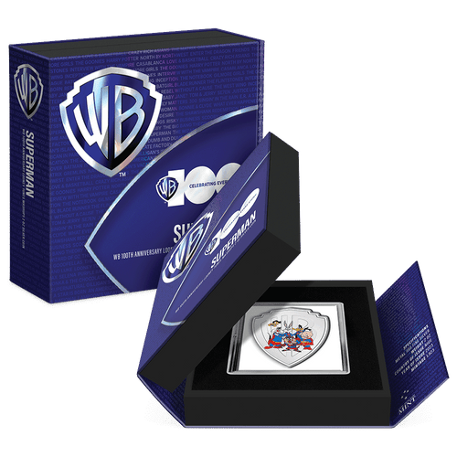 WB100 Looney Tunes Mashups – Superman 2oz Silver Coin Featuring Custom-designed Book-style Packaging with Coin Insert and Certificate of Authenticity.