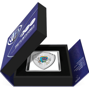 WB100 Looney Tunes Mashups – Flintstones 2oz Silver Coin Featuring Book-style Packaging with Coin Insert and Certificate of Authenticity Sticker and Coin Specs.