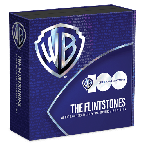 WB100 Looney Tunes Mashups – Flintstones 2oz Silver Coin Featuring Custom Book-style Display Box With Brand Imagery. 