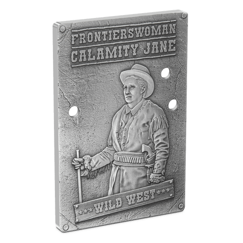 Wild West – Calamity Jane 1oz Silver Coin - Features an exquisitely crafted design, depicting Calamity Jane as seen on a ‘wanted’ poster, along with bullet holes punched out for an extra dose of gritty realism. - New Zealand Mint