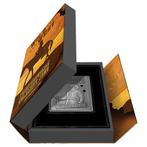 Wild West – Calamity Jane 1oz Silver Coin Featuring Book-style Packaging with Coin Insert and Certificate of Authenticity Sticker and Coin Specs.