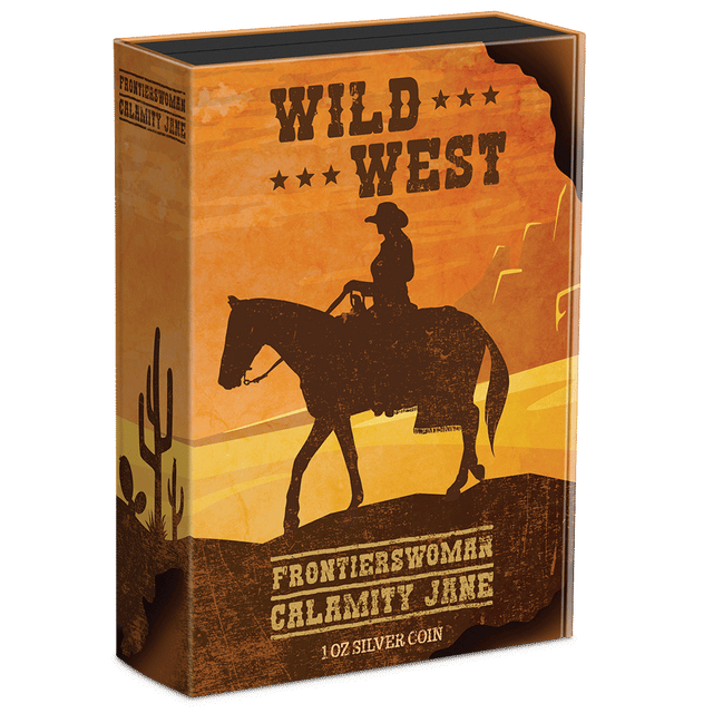 Wild West – Calamity Jane 1oz Silver Coin Featuring Custom Book-style Display Box With Brand Imagery.