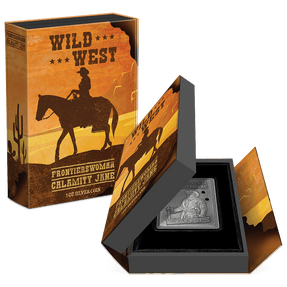 Wild West – Calamity Jane 1oz Silver Coin Featuring Custom Book-Style Packaging with Printed Coin Specifications.  