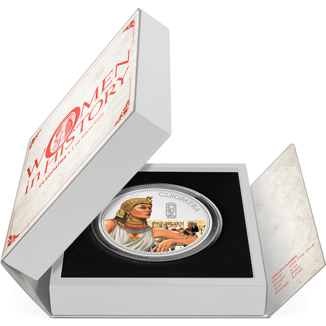 Women in History – Cleopatra 1oz Silver Coin Featuring  Book-style Packaging with Coin Insert and Certificate of Authenticity Sticker.