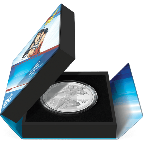 WONDER WOMAN™ Classic 1oz Silver Coin Featuring Book-style Packaging with Coin Insert and Certificate of Authenticity Sticker and Coin Specs.