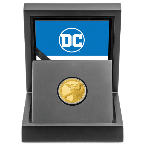 WONDER WOMAN™ Classic 1/4oz Gold Coin with Custom Designed Wooden Box with Display Ledge. 