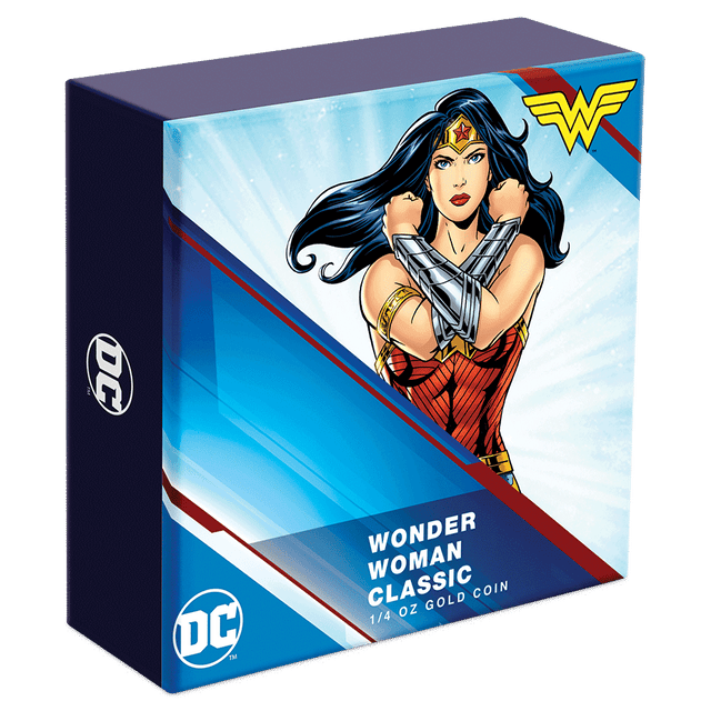 WONDER WOMAN™ Classic 1/4oz Gold Coin Featuring Custom-Designed Outer Box With Brand Imagery. 
