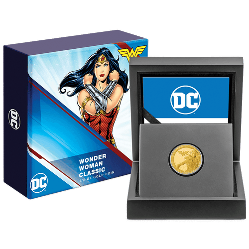 WONDER WOMAN™ Classic 1/4oz Gold Coin with Custom-Designed Wooden Box with Certificate of Authenticity Holder and Viewing Insert. 
