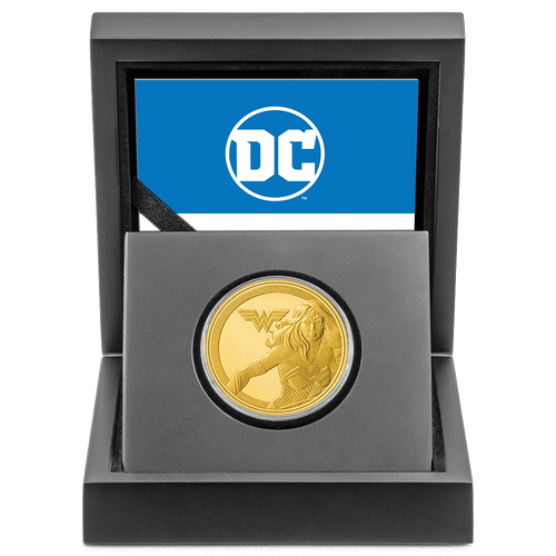 WONDER WOMAN™ Classic 1oz Gold Coin with Custom Designed Wooden Box with Display Ledge.