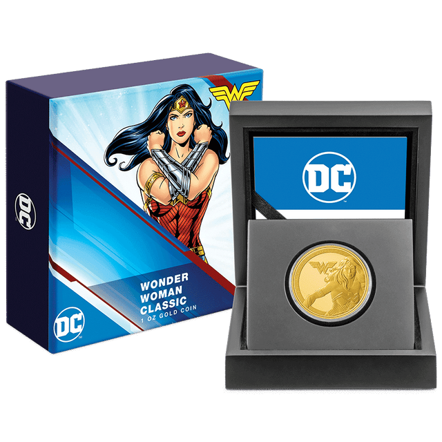 WONDER WOMAN™ Classic 1oz Gold Coin with Custom-Designed Wooden Box with Certificate of Authenticity Holder and Viewing Insert. 