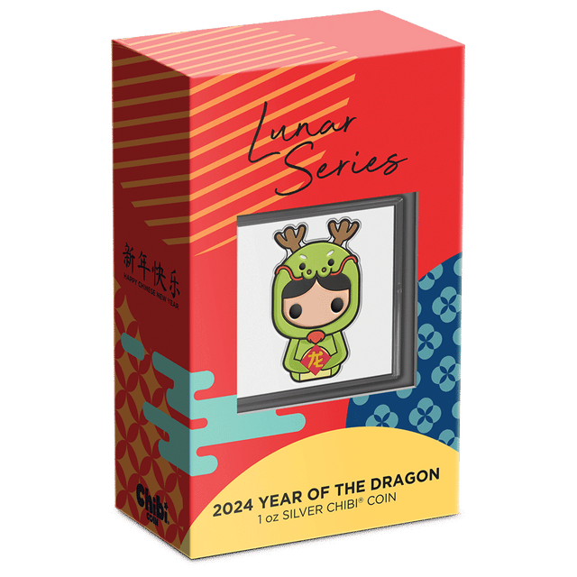 Lunar Series – 2024 Year of the Dragon 1oz Silver Chibi® Coin Featuring Custom Packaging with Display Window and Certificate of Authenticity Sticker. 