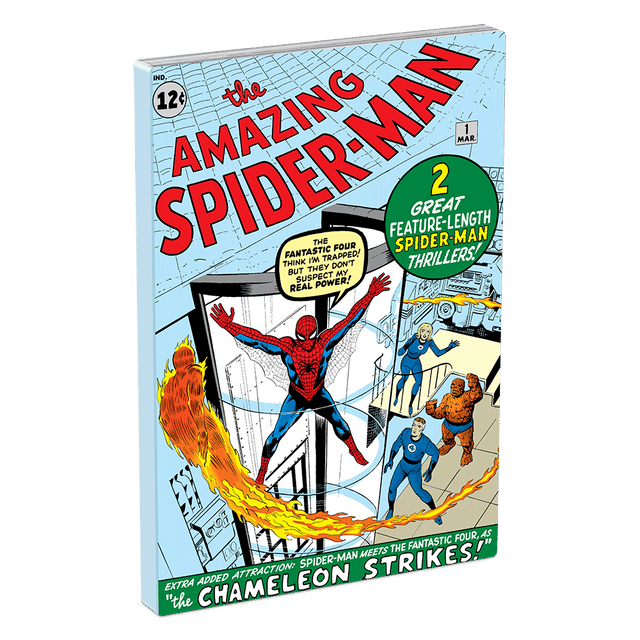 This collector’s gem immortalizes Spider-Man’s inaugural adventure on 1oz of pure silver. Displays the detailed cover art of the 1963 comic book, using colour and some pops of frosted engraving. - New Zealand Mint
