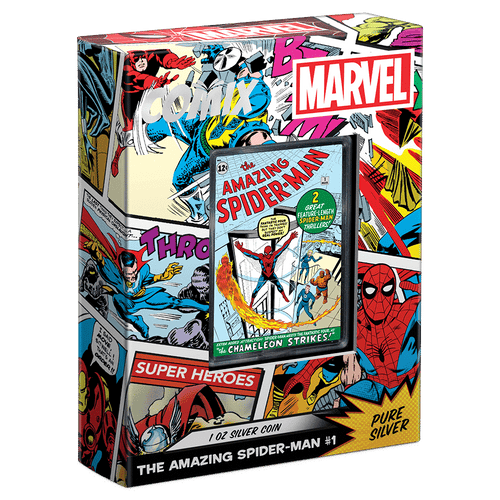 COMIX™ – Marvel The Amazing Spider-Man #1 1oz Silver Coin with Custom-Designed Slide Out Box Featuring Display Window and Certificate of Authenticity Sticker.