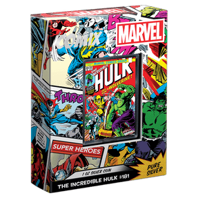 COMIX™ – Marvel The Incredible Hulk #181 1oz Silver Coin Featuring Custom Book-Style Packaging with Printed Coin Specifications. 
