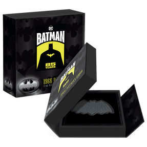 BATMAN™ 85 Years – 1966 Batman Logo 1oz Silver Collectible Coin Featuring Custom Book-Style Packaging with Printed Coin Specifications.