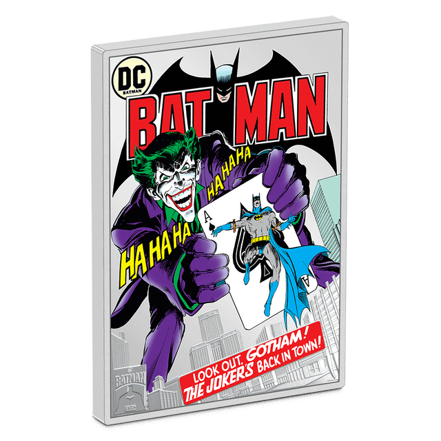 Rectangular-shaped, the coin is struck with detailed colour and engraving to show the valued comic cover of Batman #251 from 1973. A mesmerizing silver mirror-finish background adds an extra layer of allure. The anniversary logo has been added, as a further reminder of this special celebration.