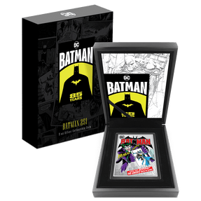 BATMAN™ 85 Years – Batman 251 5oz Silver Collectible Coin With Custom Wooden Display Box and Outer Box Featuring brand imagery.