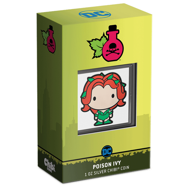 DC Comics – POISON IVY™ 1oz Silver Chibi® Coin Featuring Custom Packaging with Display Window and Certificate of Authenticity Sticker.