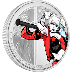 Features a coloured image of HARLEY QUINN™ holding her signature baseball bat. The background includes striking engraving based on some of her iconic appearances in DC Comics. Limited issue of just 3,000. - New Zealand Mint