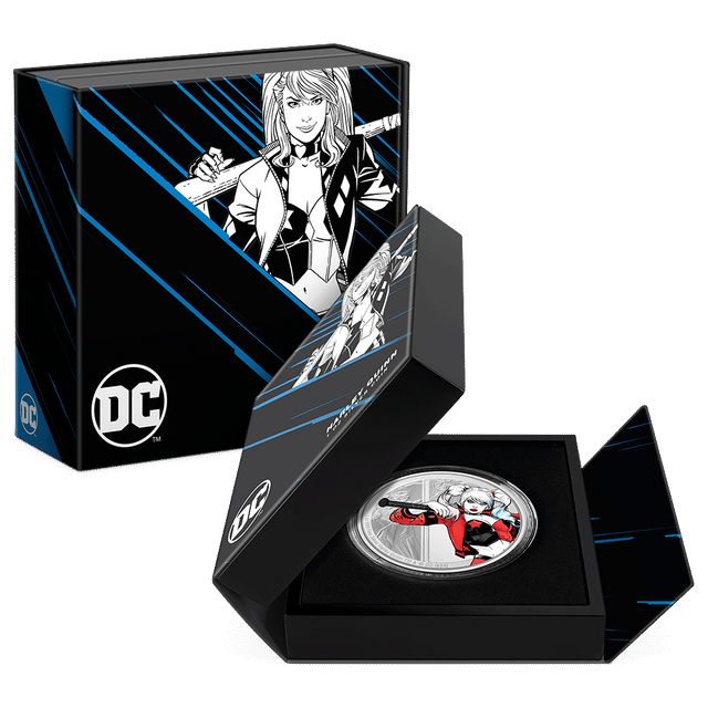 DC Villains – HARLEY QUINN™ 1oz Silver Coin Featuring Custom Book-Style Packaging with Printed Coin Specifications. 