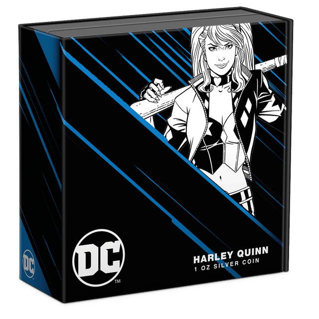 DC Villains – HARLEY QUINN™ 1oz Silver Coin Featuring Custom Book-style Display Box With Brand Imagery. 