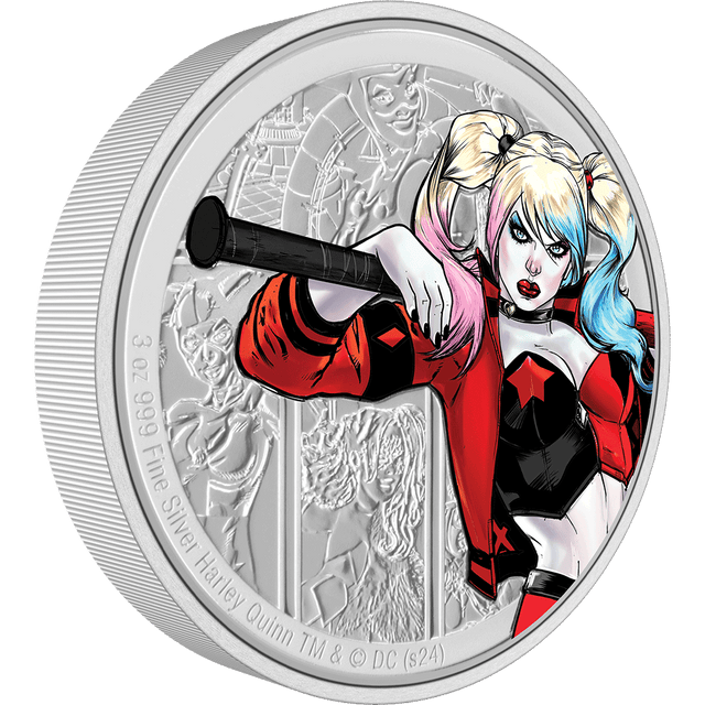 Features a coloured image of HARLEY QUINN holding her signature baseball bat. The background includes striking engraving based on some of the villain’s iconic appearances in DC Comics. Limited issue of just 1,000. - New Zealand Mint