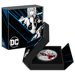 DC Villains – HARLEY QUINN™ 3oz Silver Coin Featuring Custom Book-Style Packaging with Printed Coin Specifications.  